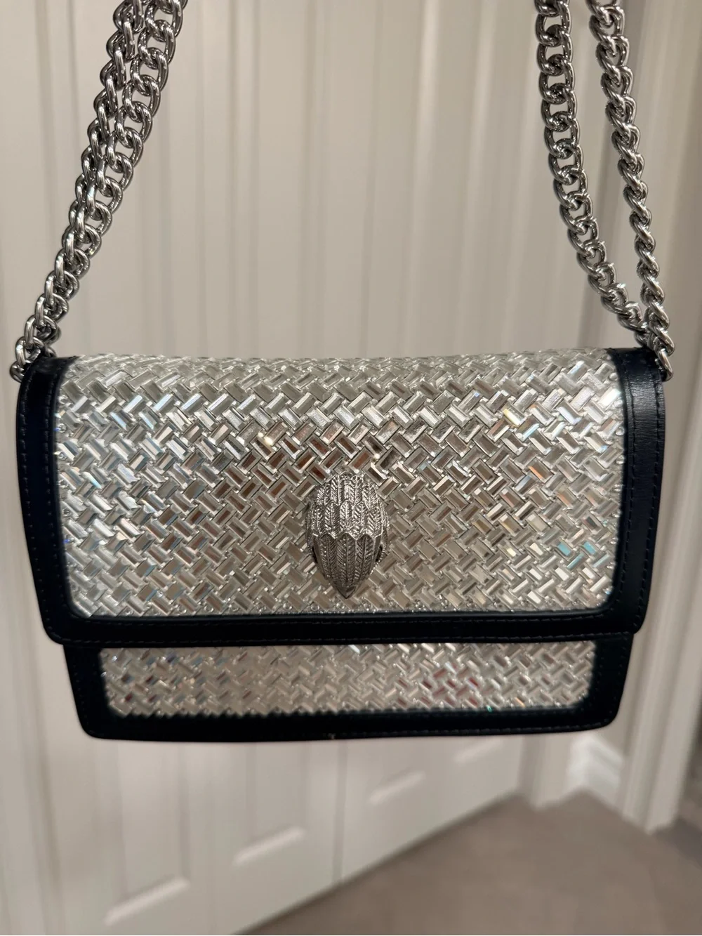 Kurt Geiger Silver Mirror Woven Crossbody with Black Trim and Silver Chain Strap